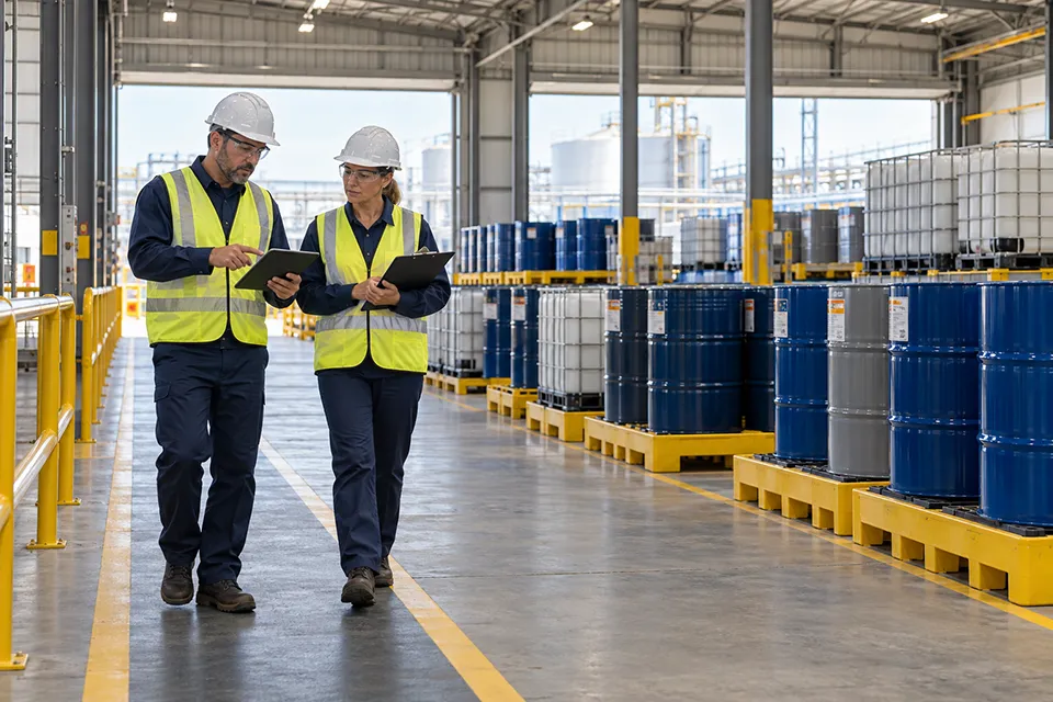 Two professionals reviewing records in an industrial facility